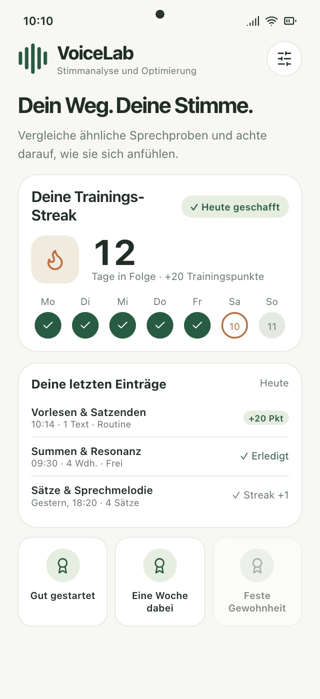 VoiceLab-Verlauf mit Trainingstagen, absolvierten Übungen und Streak