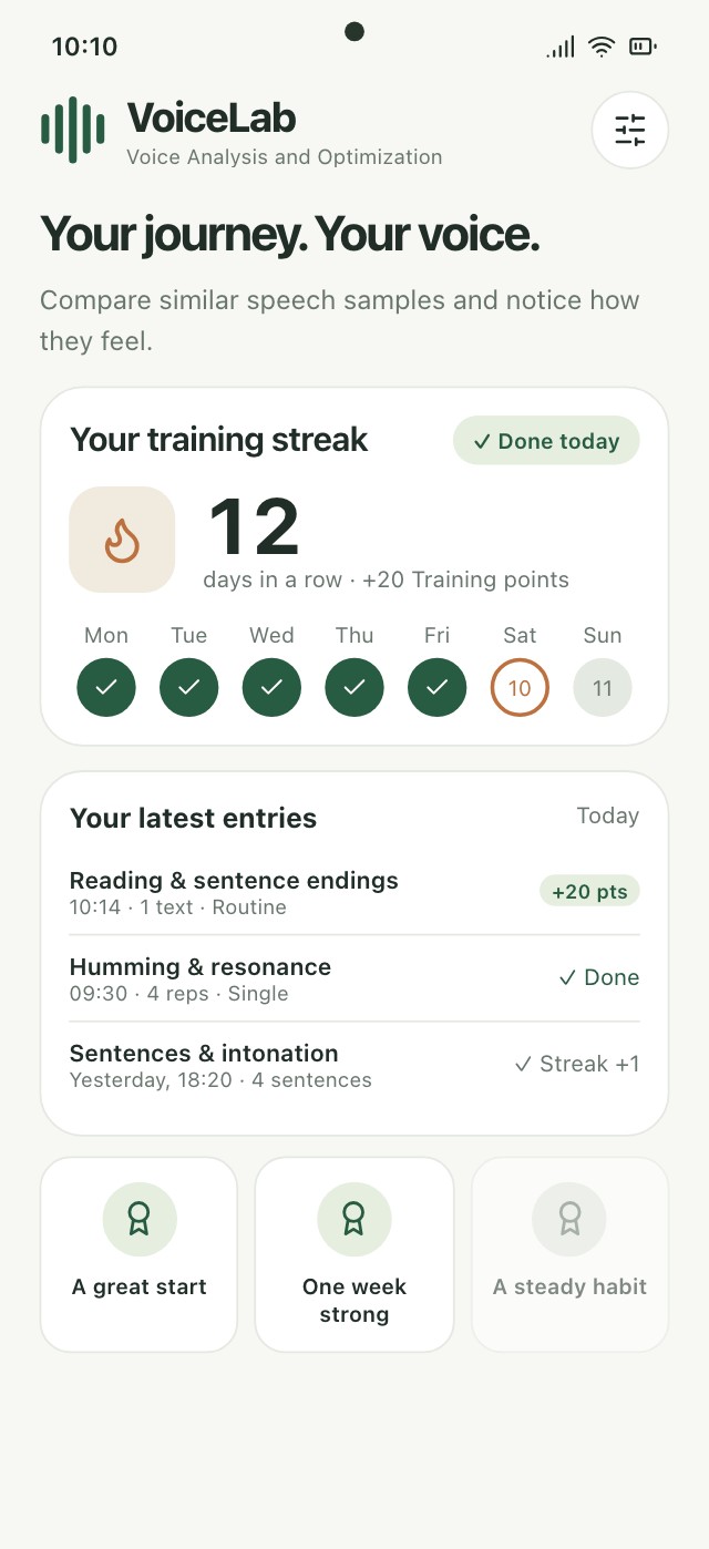 VoiceLab progress view with training days, completed exercises and streak