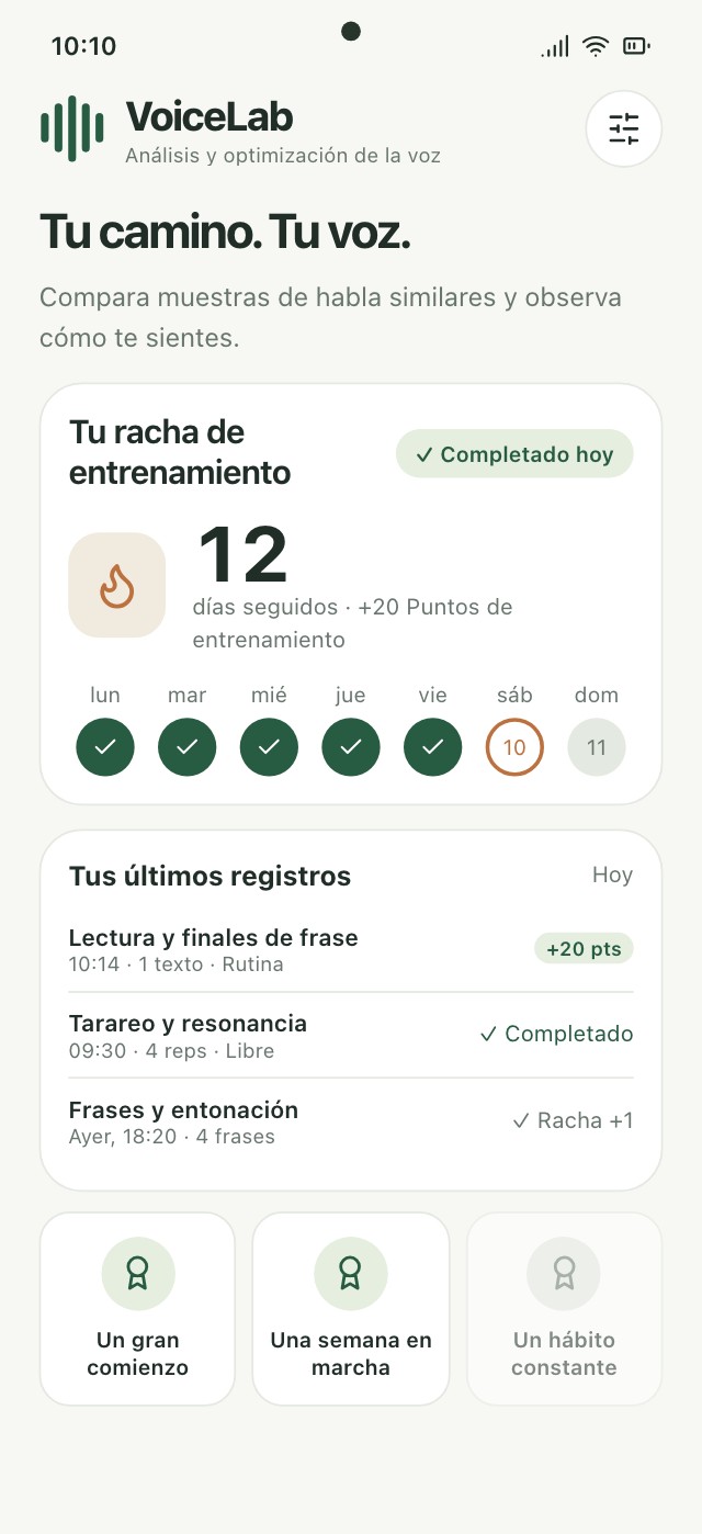 Historial de VoiceLab con días de práctica, ejercicios completados y racha