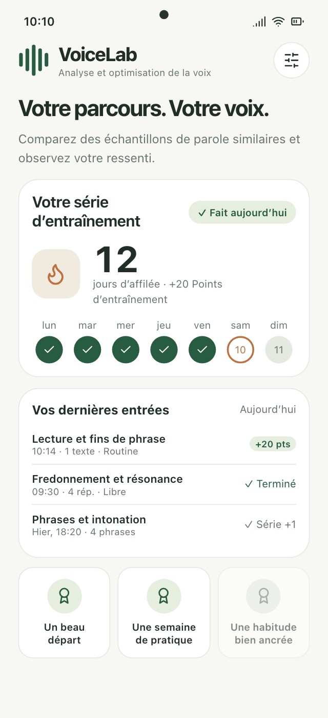 Historique VoiceLab avec jours d’exercice, modules terminés et série