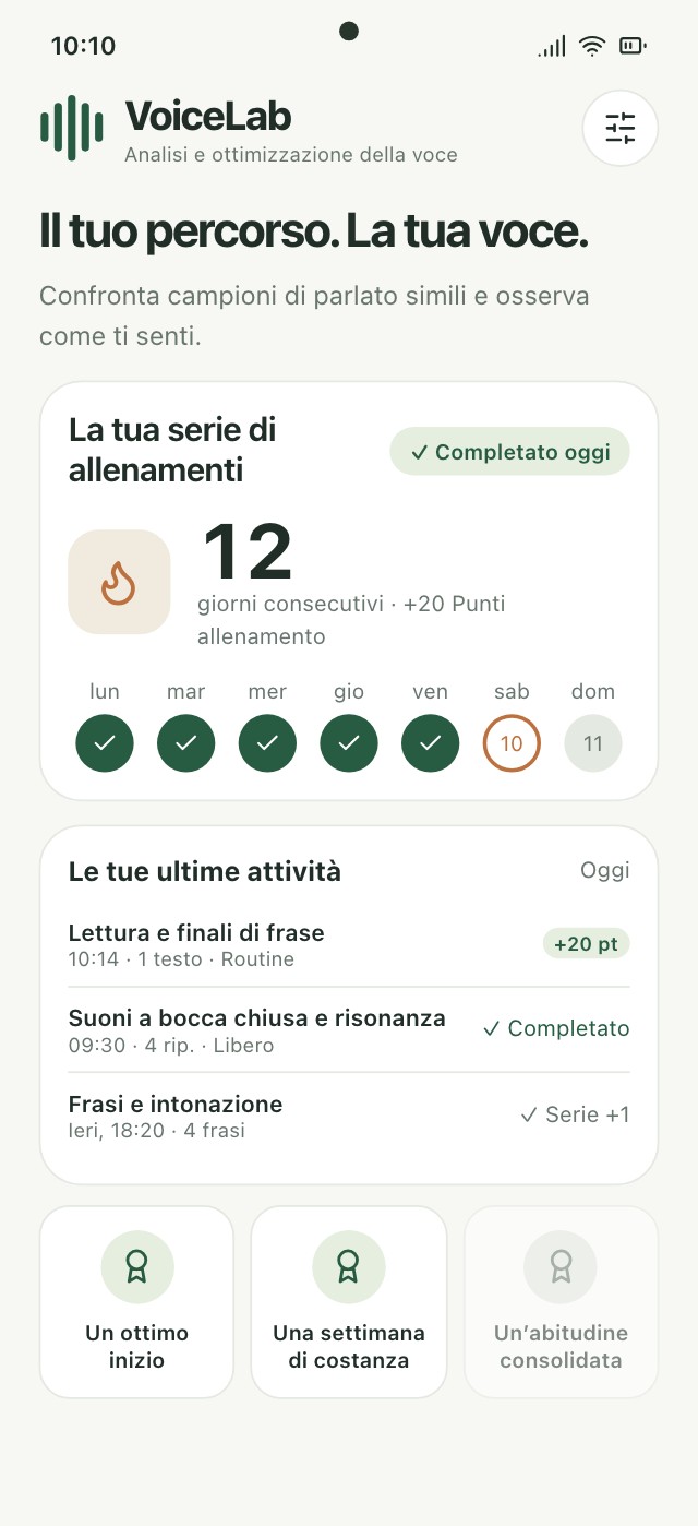 Cronologia VoiceLab con giorni di pratica, esercizi completati e streak
