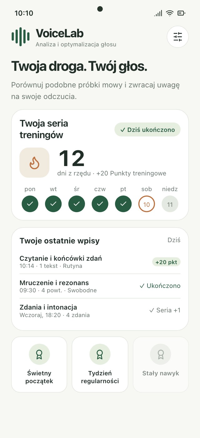 Historia VoiceLab z dniami ćwiczeń, ukończonymi modułami i serią