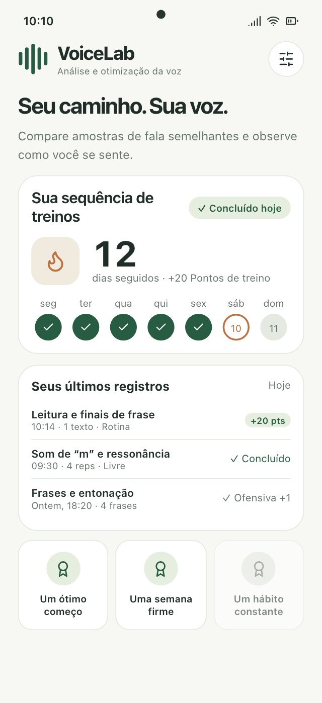 Histórico do VoiceLab com dias de treino, exercícios concluídos e sequência
