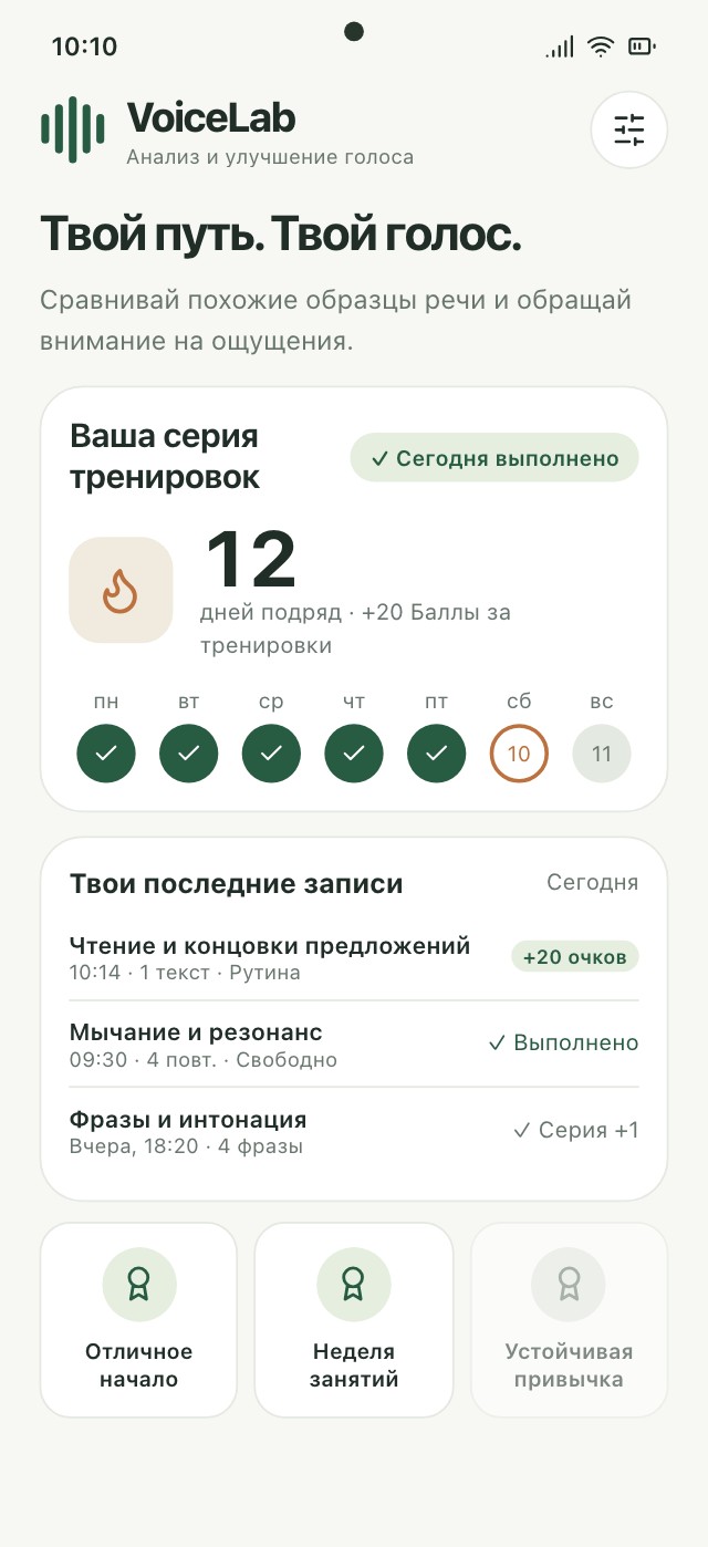 История VoiceLab с днями занятий, завершенными модулями и серией