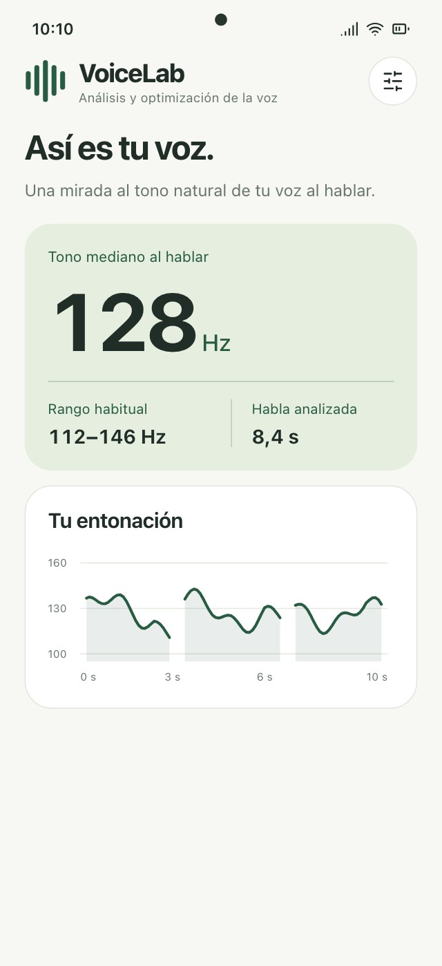 Resultado del análisis en VoiceLab con tono medio, rango típico y melodía vocal