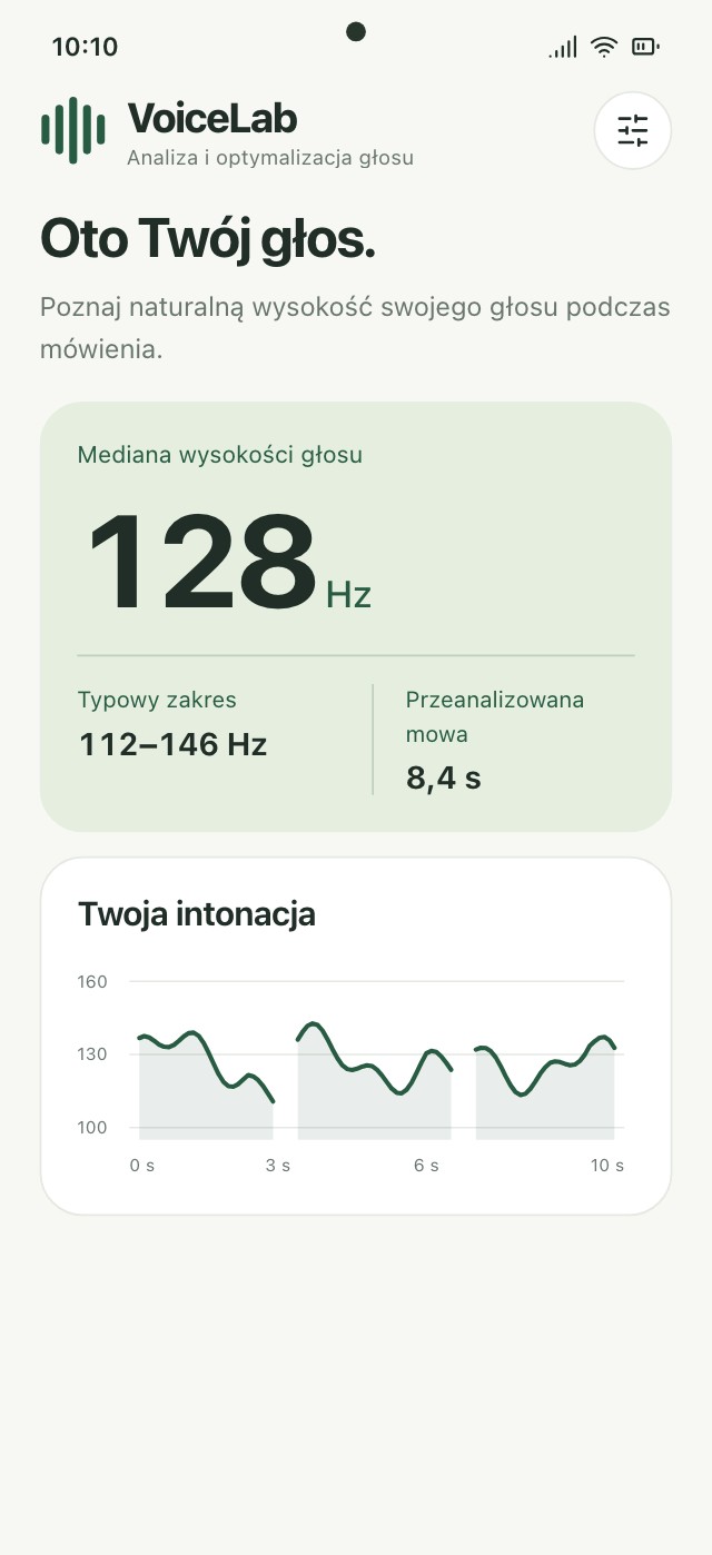 Wynik analizy VoiceLab ze średnią wysokością głosu, zakresem i melodią mowy