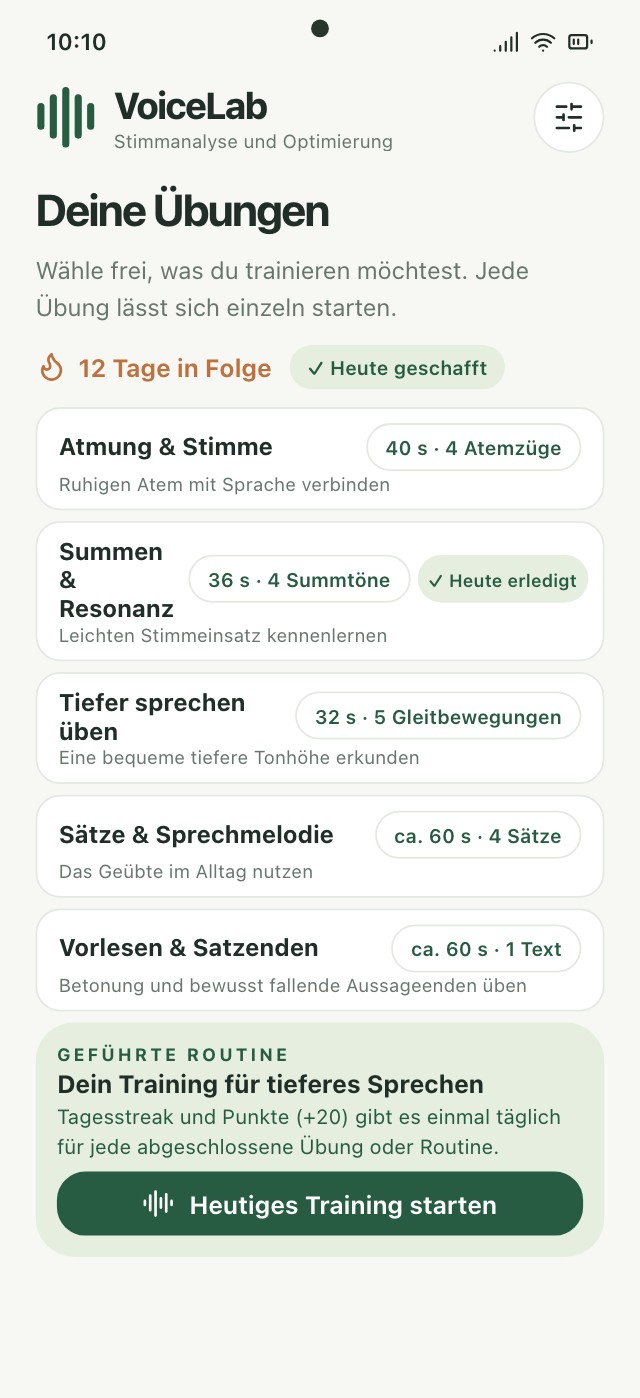 VoiceLab-Trainingsübersicht mit Übungen, Varianten und Live-Tonhöhe