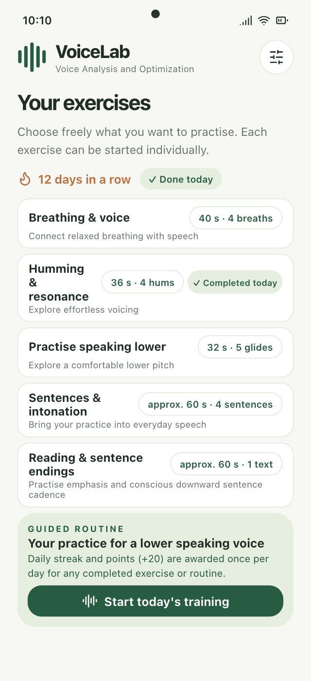 VoiceLab training overview with exercises, variants and live pitch