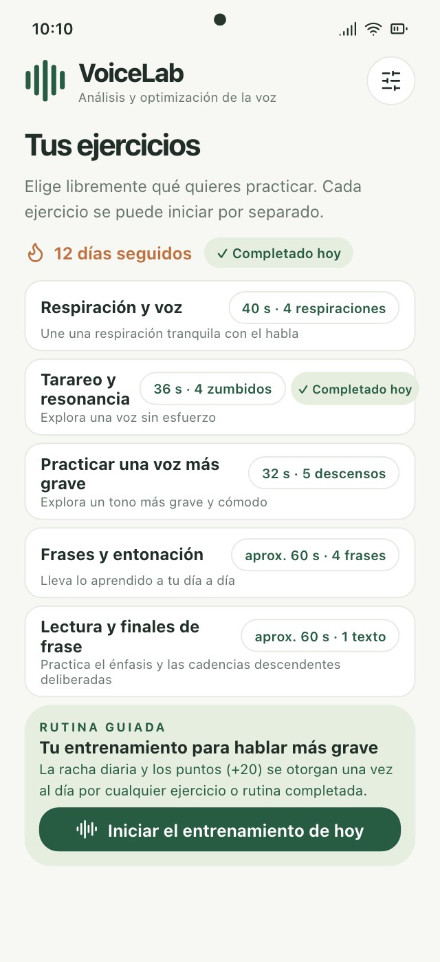 Vista de entrenamiento en VoiceLab con ejercicios, variantes y tono en directo