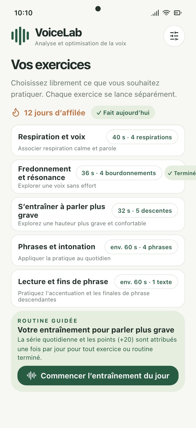 Vue d’entraînement VoiceLab avec exercices, variantes et hauteur en direct