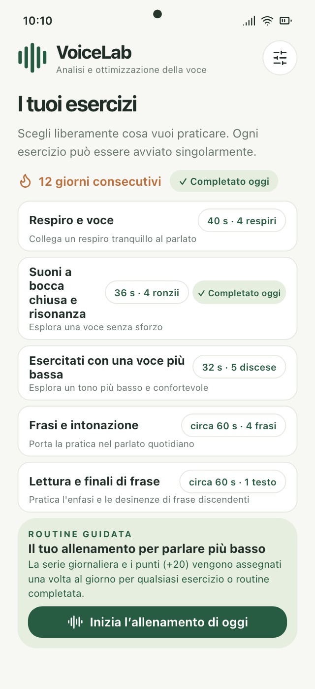 Schermata di allenamento VoiceLab con esercizi, varianti e altezza in tempo reale