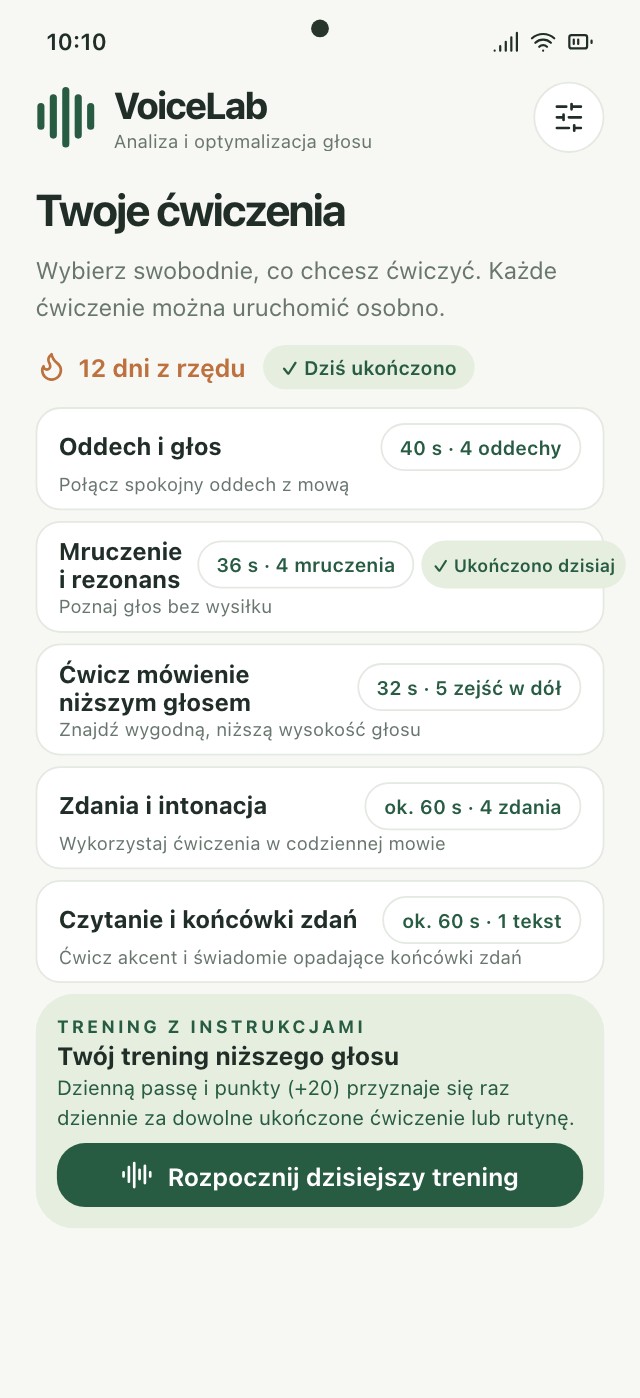 Widok treningu VoiceLab z ćwiczeniami, wariantami i wysokością na żywo