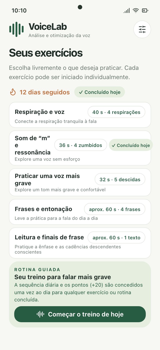 Tela de treino do VoiceLab com exercícios, variações e tom ao vivo